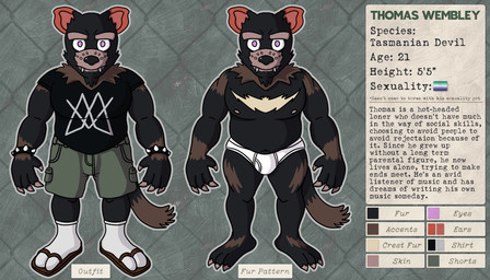 anthro black_body black_clothing black_shirt black_t-shirt black_topwear bottomwear bracelet briefs brown_markings cargo_shorts clothing eyebrows fangs footwear fur fur_markings green_bottomwear green_clothing green_shorts jewelry male markings nipples outline pattern_background pink_eyes sandals shirt shoes shorts simple_background socks socks_and_sandals solo spiked_bracelet spikes t-shirt teeth thick_eyebrows tighty_whities topwear underwear white_briefs white_clothing white_underwear archth dasyurid dasyuromorph mammal marsupial tasmanian_devil 7:4 cel_shading hi_res model_sheet shaded