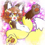 4_fingers accessory ahoge anthro belly black_ear_tips black_feet black_hands black_nose blush breasts brown_eyes brown_hair butt cheek_tuft chest_tuft crotch_tuft dipstick_ears dipstick_tail ear_markings ear_tuft facial_tuft feet female fingers flat_chested fur genitals hair hair_accessory hair_ribbon heart_symbol hindpaw kemono leg_markings legs_up lying markings multicolored_ears navel nipples nude on_back open_mouth open_smile pawpads paws pink_background presenting presenting_pussy pussy ribbons simple_background small_breasts smile socks_(marking) solo spread_legs spreading surprised_expression tail tail_markings tuft white_belly yellow_body yellow_fur young annyui0611 canid canine fox mammal hi_res