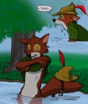 anthro belt belt_on_tail bottomless clothed clothing colorized_edit half_submerged hat_on_tail male partially_submerged pond shirt solo tail topwear tunic undressing water bbcat disney robin_hood_(disney) robin_hood canid canine fox mammal red_fox true_fox