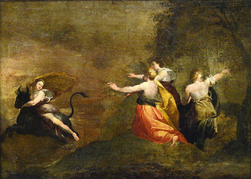 2_horns barefoot blonde_hair brown_hair clothed clothing feet female feral group hair horn human_focus male outside plant robe tail tree francisco_goya bovid bovine cattle human mammal 1772 18th_century ancient_art formal_art oil_painting_(artwork) painting_(artwork) traditional_media_(artwork) traditional_painting_(artwork)