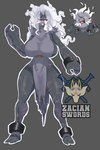 angry anklet anthro big_breasts black_anklet black_bracelet bracelet breasts cross-popping_vein fangs female frown hair huge_breasts jewelry logo outline red_eyes scar scowl simple_background solo teeth thick_thighs white_hair zacianswords nintendo pokemon annihilape generation_9_pokemon pokemon_(species) hi_res