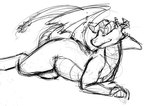 belly horn lying narrowed_eyes sharp_horn simple_background smile solo tail thick_tail thick_thighs white_background wings raster_dreams mythology dragon mythological_creature mythological_scalie scalie 2018 digital_drawing_(artwork) digital_media_(artwork) guide_lines monochrome sketch