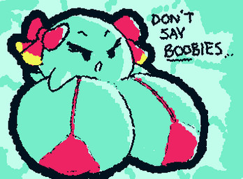 accessory annoyed big_breasts bikini bikini_top bow_ribbon bra breasts clothing dialogue eyelashes female floating hair_accessory hair_bow hair_ribbon hand_on_breast huge_breasts humor open_mouth pun ribbons solo swimwear talking_to_viewer text two-piece_swimsuit underwear pincoosh mario_bros nintendo paper_mario lady_bow boo_(mario) ghost spirit 2026 animated digital_media_(artwork) english_text low_res restricted_palette wigglypaint_(artwork)