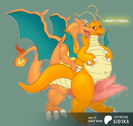 advertisement big_penis duo feral genitals male male/male penis shy text wings yellow_body slo1ka nintendo pokemon charizard dragonite generation_1_pokemon pokemon_(species) absurd_res censored english_text hi_res mosaic_censorship