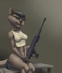 ammunition anthro anti-materiel_rifle bench biped black_hair black_nose bottomless breasts brown_body brown_fur brown_tail clothed clothing crop_top ear_piercing female fur gm6_lynx gun hair holding_gun holding_object holding_ranged_weapon holding_weapon humanoid_hands inner_ear_fluff looking_at_viewer midriff military navel on_bench piercing ranged_weapon rifle shirt simple_background sitting smile solo tail tan_background thick_thighs topwear tuft weapon yellow_eyes friskalpox domestic_cat felid feline felis mammal hi_res portrait three-quarter_portrait