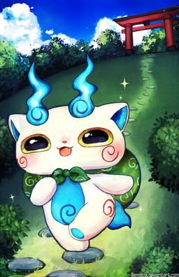 anthro backpack bag blue_body blue_countershading blue_fur blue_inner_ear blue_pawpads blush countershading fur glistening glistening_eyes male markings on_one_leg open_mouth outside pawpads pink_nose red_markings smile solo sparkles standing text walking white_body white_fur jemaica asian_mythology east_asian_mythology japanese_mythology level-5 mythology yo-kai_watch komasan canid canine canis domestic_dog foo_dog komainu mammal spirit yokai absurd_res hi_res url watermark