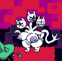 3_heads anthro areola big_breasts breasts clothing duo female genitals hand_on_hip happy hat headgear headwear horn male multi_head nipples nude pouting seductive shocked shortstack smug tail thick_thighs vulva white_body iloveslutyshortstax deltarune european_mythology greek_mythology mythology undertale_(series) clover_(deltarune) ralsei darkner hydra digital_media_(artwork) pixel_(artwork)