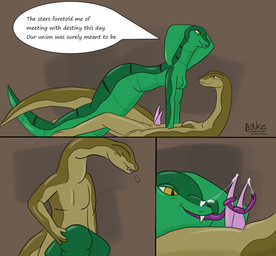 2_penises anthro apode bodily_fluids breasts cum cum_on_face cum_on_tongue dialogue dialogue_box dominant dominant_female explicitly_stated_consent fangs fellatio female genital_fluids genitals green_body hand_on_head imminent_sex legless looking_at_another looking_pleasured male male/female multi_genitalia multi_penis non-mammal_breasts on_top_of open_mouth oral orgasm penile penis seductive serpentine sex simple_background smile speech_bubble striped_body stripes teeth text tongue yellow_eyes bake_a_snake draconcopode legged_snake naga reptile scalie snake absurd_res comic english_text hi_res