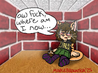 anthro bong bottomwear clothing dialogue drugs eyewear female footwear glasses legwear marijuana pattern_clothing pattern_legwear skirt socks solo striped_clothing striped_legwear stripes substance_intoxication maplebrownsgr maple_(maplebrownsgr) bengal_cat domestic_cat felid feline felis mammal 4:3 low_res