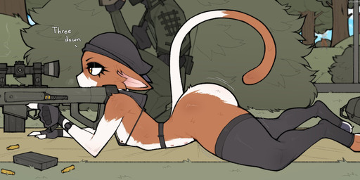 anthro big_butt biped butt clothed clothing detailed_background duo eyebrows eyelashes female flat_chested fur gun holding_gun holding_object holding_ranged_weapon holding_weapon legwear lying multi_nipple multicolored_body multicolored_fur nipple_piercing nipples on_front outside piercing pupils ranged_weapon rifle side_view skimpy sniper_rifle tail thick_thighs thigh_highs toeless_legwear toeless_stockings weapon claweddrip epic_games fortnite meow_skulls calico_cat domestic_cat felid feline felis mammal hi_res