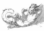 anthro claws female flower horn plant reclining resting simple_background solo nathing guild_wars charr felid mammal 2016 hi_res monochrome sketch