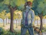 anthro clothed clothing hand_in_pocket hands_in_both_pockets male neck_tuft outside park pockets purple_eyes solo tail tuft ruaidri gray_(graydiel) felid mammal pantherine tiger 2018