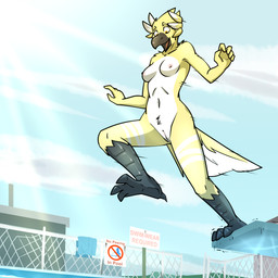 anthro beak breasts disregarding_notices exhibitionism feathers female genitals multicolored_body multicolored_feathers nipples non-mammal_nipples nude nude_anthro nude_female outdoor_nudity outside public public_nudity sign sky solo swimming_pool tail vulva white_body white_feathers yellow_body yellow_feathers ryofox630 indy_(nopetrol) avian bird 1:1 hi_res