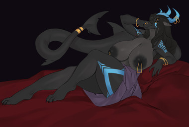 anthro bed big_breasts black_body black_hair black_skin blue_horn blue_markings breasts claws dark_nipples facial_markings female fin furniture hair head_markings horn horn_jewelry jewelry looking_at_viewer lying lying_on_bed markings multi_eye multicolored_body nipple_piercing nipples on_bed piercing purple_drapes shark_tail snout snout_markings solo tail thick_thighs toe_claws two_tone_body yellow_eyes tsuyu_fang nammu_lumenyle abysskin absurd_res hi_res