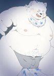 anthro belly big_belly black_nose blush bulge clothing eyes_closed fur kemono male moobs navel nipples overweight overweight_male simple_background solo underwear white_body white_fur haoming lifewonders live_a_hero yohack canid canine canis domestic_dog mammal 2023 hi_res