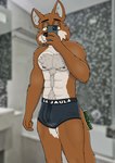 abs absurd_res anthro areola bathroom black_boxer_briefs black_clothing black_eyebrows black_underwear blurred_background bodily_fluids body_hair boxer_briefs boxer_briefs_only brown_body brown_fur brown_tail bulge canid canine canis cellphone chest_hair clothed clothing donfurro ear_tuft electronics eyebrows fur genital_fluids hair happy_trail hi_res holding_cellphone holding_object holding_phone male mammal markings mexican_wolf nipples pecs phone pose precum precum_through_clothing precum_through_underwear pupils selfie solo tail text topless tuft underwear underwear_only wet wet_clothing white_body white_fur wolf yellow_pupils