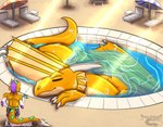 anthro ear_frill eyes_closed feral frill_(anatomy) horn membrane_(anatomy) membranous_wings partially_submerged pool pool_chair public_pool swimming_pool water wings yellow_body miniborkerarts european_mythology mythology goldy_(golden.dragon) dragon mammal mythological_creature mythological_scalie scalie western_dragon hi_res
