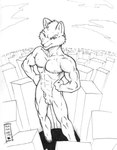 abs animal_genitalia anthro athletic athletic_anthro athletic_male biceps building cloud fist fur genitals hands_on_hips high-angle_view looking_at_viewer macro male nipples pecs quads sheath sky smile solo max_blackrabbit canid canine canis mammal wolf 2004 greyscale line_art monochrome pen_(artwork) traditional_media_(artwork)