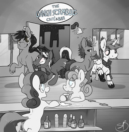 alcohol anus balls bar beverage brown_eyes butt clothing cutie_mark ear_piercing erection feathered_wings feathers female feral food fur genitals group hair horn male open_mouth penis piercing scarf smile text vulva wings backsash friendship_is_magic hasbro my_little_pony mythology bonbon_(mlp) farran_height_(oc) mikhael_rosenburg_(oc) earth_pony equid equine horse mammal mythological_creature mythological_equine pony unicorn 2015 absurd_res digital_media_(artwork) english_text greyscale hi_res monochrome
