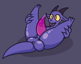 animal_genitalia anthro balls balls_on_tail big_balls big_butt big_penis blush blush_lines bodily_fluids butt claws colored_cum cum feet genital_fluids genitals horn huge_balls leg_grab male penis presenting presenting_hindquarters presenting_penis purple_body purple_cum purple_scales saggy_balls scales shadow sheath sheathed_tapering_penis simple_background solo spread_legs spreading tail tapering_penis tongue tongue_out unusual_bodily_fluids unusual_cum unusual_genital_fluids yellow_eyes gandergeist kobold scalie aliasing digital_media_(artwork)