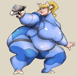 alternate_species anthro belly big_belly big_breasts blonde_hair bodysuit breasts clothing female form_fitting furrification gun hair morbidly_obese obese obese_anthro obese_female overweight overweight_anthro overweight_female ponytail ranged_weapon skinsuit snout solo thick_thighs tight_clothing weapon zero_suit hugo_enrique_art metroid nintendo samus_aran domestic_pig mammal suid suine sus_(pig) hi_res