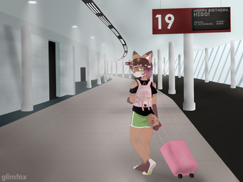 aircraft airplane airport anthro backpack bag bare_shoulders barefoot bottomwear brown_body brown_fur brown_hair clothing costume ears_up feet femboy flying fur green_bottomwear green_clothing green_eyes green_shorts hair horn inner_ear_fluff inside kemono male modern_architecture pawpads paws shirt shorts solo spots suitcase t-shirt tail text topwear tuft vehicle glimfox felid feline hybrid leopard lynx mammal pantherine 4:3 absurd_res english_description english_text hi_res