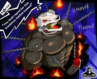 bdsm black_body bodily_fluids bondage bone bound chain chained cum fire flaming_horn genital_fluids genitals leaking_cum leaking_penis male nipple_piercing nipples penis piercing skull skull_head solo speech_bubble vein onodera atlus megami_tensei persona_(series) sega asterius_(megami_tensei)