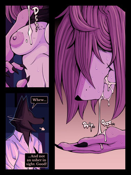 anthro bodily_fluids breasts clothed clothing cum cum_in_mouth cum_inside dialogue duo female fur genital_fluids hair homeless male male/female shirt simple_background text topwear ponporio homeless_dog the_suit_(ponporio) canid canine canis domestic_dog mammal 3:4 absurd_res comic digital_media_(artwork) english_text hi_res