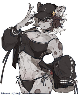 5_fingers anthro black_clothing bottomwear breasts cleavage clothed clothing female female_anthro fingers front_view fully_clothed fur grey_body grey_fur hat headgear headwear humanoid_hands looking_at_viewer midriff monotone_background navel simple_background snout solo text topwear white_background noname_myeong felid mammal pantherine snow_leopard absurd_res artist_name hi_res signature