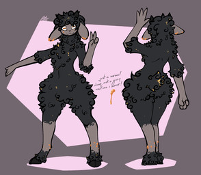abstract_background anthro black_body black_fur black_wool butt featureless_crotch fluffy fluffy_butt fluffy_chest fluffy_hair fluffy_thighs front_view fur gesture hair hand_gesture hooves horizontal_pupils horn male orange_eyes pupils rear_view small_horn smile smiling_at_viewer solo standing tan_body tan_skin text thick_thighs v_sign wool_(fur) conditional_dnp lodi_(artist) bovid caprine goo_creature mammal sheep english_text hi_res model_sheet