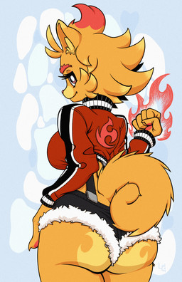 big_breasts big_butt bottomwear breasts butt clothing curled_tail female fire fist fur huge_breasts jacket looking_at_viewer muscular nude orange_body orange_fur patch_(fabric) shorts solo suspenders tail topwear fuzzycogs nintendo pokemon pokemon_winds_and_waves generation_10_pokemon pokemon_(species) pombon 2026 absurd_res hi_res