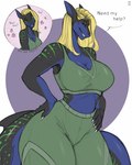 5_fingers anthro big_breasts black_body black_scales blonde_hair blue_body blue_scales breasts claws clothed clothing female fingers green_eyes green_markings hair looking_at_viewer markings multicolored_body multicolored_scales pupils scales sharp_teeth simple_background smile solo tail teeth text thick_thighs wide_hips noodlerain sierra_mizukazei fish marine shark 2024 absurd_res english_text hi_res