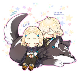 blonde_hair blush cape chibi clothing countershading ear_piercing ear_ring eyes_closed female feral footwear fur group hair humanoid_pointy_ears inner_ear_fluff male open_mouth piercing pointy_ears ring_piercing sleeping sound_effects square_crossover trio tuft vowelless vowelless_sound_effect zzz nintorun nintendo the_legend_of_zelda link link_(wolf_form) princess_zelda canid canine canis humanoid hylian mammal wolf 2020