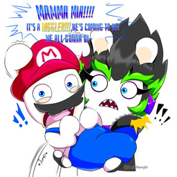 anthro bent_arm black_clothing black_facial_hair black_hair black_handwear black_jacket black_mittens black_mustache black_topwear blue_clothing blue_eyes blue_overalls buckteeth carrying_another clothed clothed_anthro clothed_female clothed_male clothing dialogue duo exclamation_point eyebrows eyelashes facial_hair female female_anthro frown fur green_eyebrows green_hair hair handwear hat headgear headwear jacket light long_ears male male_anthro mitten_hands mittens motion_lines multicolored_hair mustache noseless open_clothing open_frown open_jacket open_mouth open_topwear overalls pink_tongue purple_clothing purple_shirt purple_topwear red_clothing red_hat red_headwear scared shaking sharp_teeth shirt shirtless_anthro shirtless_male short_hair simple_background talking_to_another tan_eyelids tan_inner_ear teeth text thick_eyebrows tongue topwear trembling two_tone_hair white_background white_body white_fur wide_eyed yelling yelling_at_another jooniethenight mario_bros mario_plus_rabbids_kingdom_battle mario_plus_rabbids_sparks_of_hope nintendo raving_rabbids rayman_(series) ubisoft edge_(mario_plus_rabbids) rabbid_mario lagomorph mammal rabbid 1:1 2023 artist_name colored crossover digital_drawing_(artwork) digital_media_(artwork) english_description english_text hi_res lighting shaded