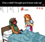 alternate_species anthro bed duo female flower furniture furrification gui male on_bed plant text under_covers kiwi_roxas link's_awakening nintendo the_legend_of_zelda marin_(tloz) rydian canid canine human mammal english_text