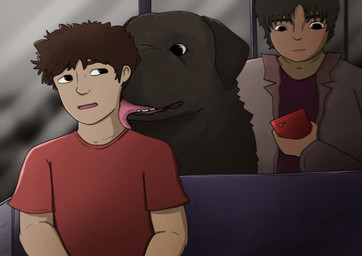 adolescent black_body black_fur feral fur group licking male male/male neck_lick public_transportation shy sitting tongue trio young nathan0112 bird_dog canid canine canis domestic_dog human hunting_dog labrador mammal retriever absurd_res hi_res