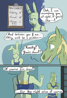 anthro back_tattoo clipboard clothed clothing dialogue duo ear_piercing female fur hair industrial_piercing male piercing simple_background tattoo text wristband lost_andsafe halcyon_(series) sunflower_(halcyon) walker_(halcyon) equid equine horse lagomorph leporid mammal rabbit 2025 absurd_res comic digital_media_(artwork) english_text hi_res