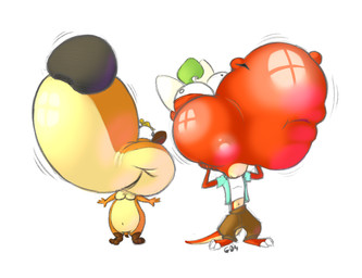 4_fingers air_inflation ambiguous_gender anthro barefoot big_head bottomwear brown_bottomwear brown_clothing brown_pants closed_smile clothed clothed_anthro clothing countershading duo feet fingers glistening glistening_head grey_nose head_expansion huge_head inflation leg_markings markings mouth_closed navel pants red_body simple_background smile socks_(marking) tail tan_body tan_countershading white_background geltydrake 2014