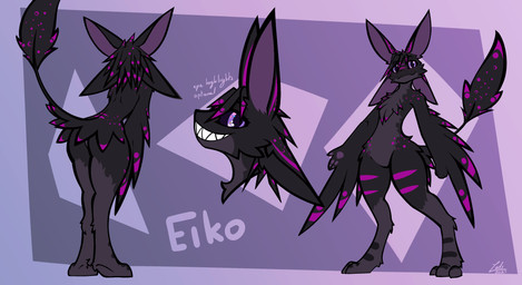 4_ears ambiguous_gender anthro bent_over big_ears black_sclera butt dark_body front_view grin grinning_at_viewer hair long_tail markings multi_ear presenting presenting_hindquarters purple_eyes purple_markings showing_teeth smile smiling_at_viewer solo standing tail winged_arms wings conditional_dnp lodi_(artist) avali avian absurd_res alternate_version_at_source hi_res model_sheet portrait signature