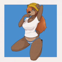 anthro beanie belly breasts brown_body brown_fur claws clothing dark_lips dark_nose ear_piercing eyelashes female finger_claws freckled_arms freckled_belly freckled_chest freckled_face freckled_legs freckled_thighs freckles fur green_eyes hair hair_over_eye hat headgear headwear kneeling long_eyelashes nub_tail orange_hair panties pawpads piercing round_ears shirt snout solo t-shirt toe_claws topwear underwear white_clothing white_shirt white_t-shirt white_topwear katahdin kat_(katahdin) bear mammal 1:1 hi_res