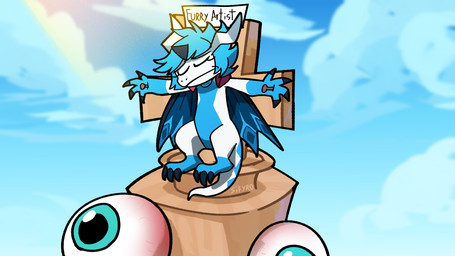 black_claws blue_body blue_eyes blue_hair blue_tail blue_wings chibi christian_cross christian_symbol claws cloud cross crucifix crucifixion dark_wings disappointed eyes_closed hair horn humor leg_markings markings multicolored_body religion religious_symbol sad sky socks_(marking) tail text two_tone_body two_tone_tail white_body white_horn white_tail wings blitzdrachin conditional_dnp christianity glitch_productions mythology the_amazing_digital_circus kinger_(tadc) sifyro dragon living_chess_piece mythological_creature mythological_scalie scalie 2026 absurd_res english_text hi_res signature