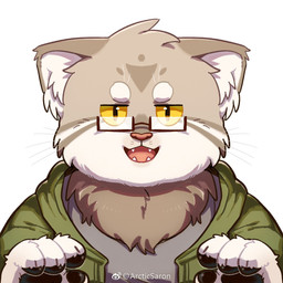 anthro black_pawpads cheek_tuft clothed clothing countershading eyewear facial_tuft fangs front_view fur glasses glistening glistening_eyes glistening_pawpads green_clothing green_topwear grey_body grey_clothing grey_ears grey_fur grey_topwear head_tuft inner_ear_fluff male neck_tuft open_mouth overweight overweight_anthro overweight_male pawpads pupils rectangular_glasses red_nose red_tongue simple_background slit_pupils solo teeth text tongue topwear tuft whiskers white_background white_body white_fur white_inner_ear_fluff asnnonaka pallas_(asnnonaka) felid mammal 1:1 artist_name bust_portrait hi_res icon portrait