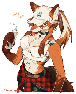 anthro baseball_cap bottle clothing container female fur hair hat headgear headwear one_eye_obstructed orange_body orange_fur orange_hair shirt simple_background solo tank_top text tongue tongue_out topwear water_bottle white_background noname_myeong jeanne_(noname_myeong) canid canine fox mammal absurd_res hi_res