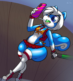 ambiguous_gender anthro backpack big_butt blue_eyes bottomwear bra butt candy cellphone clothed clothing dessert duo electronics female food footwear gloves_(marking) hair high_heels holding_cellphone holding_object holding_phone huge_butt leggings legwear loli lollipop lollipop_in_mouth markings mostly_offscreen_character multicolored_body nipple_outline phone platform_footwear platform_heels shoes skimpy skirt solo_focus thong two_tone_body underwear white_hair young young_anthro young_female norithics gwen_mason mammal mephitid skunk digital_media_(artwork)