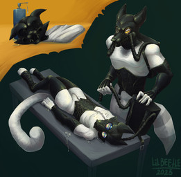 anthro asphyxiation bdsm bodily_fluids bulge clothed clothing drugs duo gas_mask genitals gloves handwear latex latex_clothing latex_gloves latex_handwear latex_legwear latex_stockings legwear lube lube_bottle male male/male mask penis poppers simple_background skinsuit stockings tail tears tight_clothing lil_beetle canid canine canis coyote domestic_cat felid feline felis mammal pantherine snow_leopard absurd_res hi_res