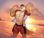 2018 abs absurd_res anthro artist_logo beach biceps black_hair canid canine canis clothed clothing dated detailed_background digital_media_(artwork) domestic_dog evening eyewear eyewear_on_head flexing fur hair hi_res logo male mammal muscular muscular_anthro muscular_male open_clothing open_shirt open_topwear outside partially_submerged pecs raytig12 red_clothing red_eyes red_lens red_sleeves red_swimming_trunks red_swimwear seaside shirt sky solo summer sunglasses sunglasses_on_head sunset swimming_trunks swimwear topwear water white_clothing white_shirt white_topwear yellow_body yellow_fur zale_gallagher