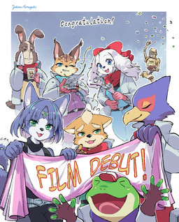 accessory anthro beak belt blue_eyes bodily_fluids bow_ribbon breasts centered_hair_bow circlet clothing confetti eyebrows eyelashes eyes_closed female fur gloves green_eyes group hair hair_accessory hair_bow hair_ribbon handwear hat headgear headwear inner_ear_fluff machine male open_mouth open_smile ribbons smile tears tuft namagakiokami nintendo star_fox falco_lombardi fay_(star_fox) fox_mccloud james_mccloud krystal_(star_fox) miyu_(star_fox) peppy_hare slippy_toad amphibian avian bird bird_dog canid canine canis domestic_dog felid feline fox frog hunting_dog lagomorph leporid lynx mammal rabbit robot spaniel 2026 hi_res