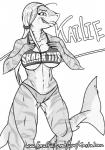 anthro breasts camel_toe clothed clothing countershading female looking_at_viewer nipple_outline nipple_piercing nipples non-mammal_breasts non-mammal_nipples piercing smile solo tail tight_clothing translucent translucent_clothing wide_hips rastaban_coal kalie fish marine shark hi_res monochrome