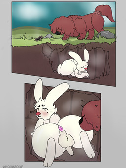 anatomically_inaccurate anatomically_inaccurate_butt anus balls big_butt butt butt_focus comic_panel duo femboy feral genitals hair kemono long_feet male male/male musk musky_butt paws slightly_chubby toony white_hair kounsoupp canid canine canis domestic_dog hare lagomorph leporid mammal rabbit 3:4 comic hi_res