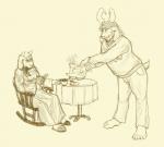 anthro barefoot beard chair clothing container cup delta_rune_(emblem) duo eyewear facial_hair feet female flower footwear furniture glasses horn long_ears male mature_anthro mature_female mature_male plant shoes simple_background slippers symbol table tea_cup teapot rawrrarr undertale undertale_(series) asgore_dreemurr toriel boss_monster_(undertale) bovid caprine mammal hi_res